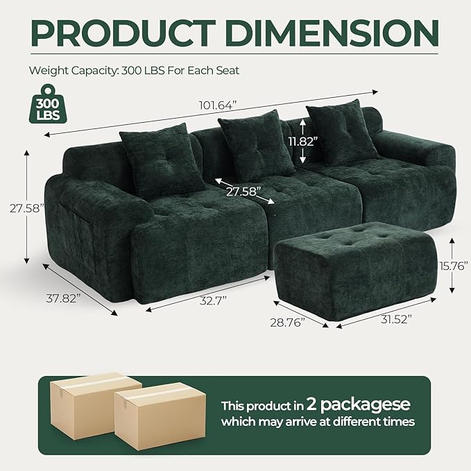 YAAREE 101.65” Modular Sectional Couch for Living Room, Modren L-Shape Cloud Sectional 3-Seater Sofa with Movable Ottoman, Woven Texture Upholstery Boneless Couch, No Assembly, Green