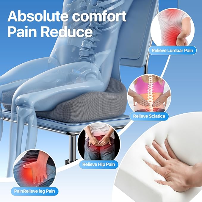 CJACSOC Seat Cushion, Extra Large Memory Foam Cushion for Office Chair Cushions, Ergonomic Cushions Pad Pillow for Pressure Relief Sciatica & Pain Relief for Long Sitting, Grey