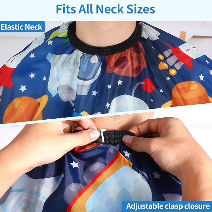 Kids Barber Cape with Neck Duster Brush, Professional Salon Hair Cutting Cape with Adjustable Snap Closure(Cartoon Space)