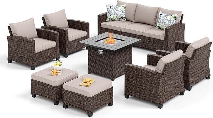 SUNSHINE VALLEY Patio Furniture Set Outdoor Furniture Brown Wicker Rattan Patio Conversation Sets with Cushion Outside Sofa Set,7 Pieces with Firepit Table,9 Seats,Beige