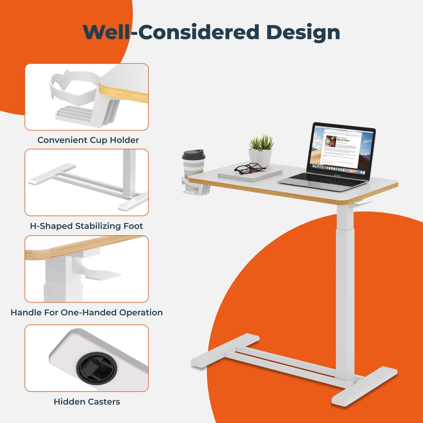 FitStand Medical Overbed Adjustable Bedside Table with Hidden Casters, Pneumatic Mobile Rolling Laptop Standing Desk with Tray for Home and Hospital Use, White