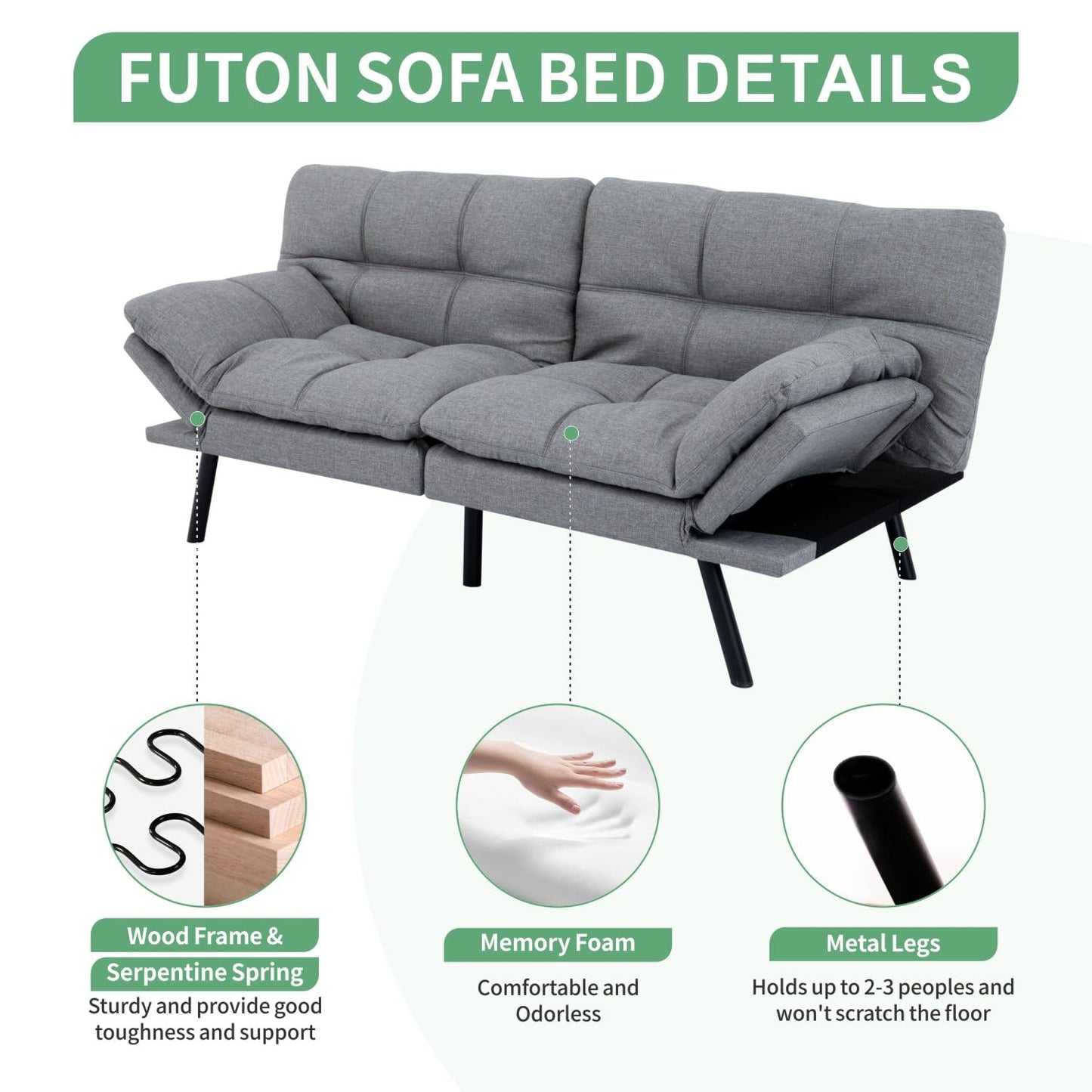 MUUEGM 71" Futon Sofa Bed, Convertible Couch Filled with Memory Foam, Modern Loveseat with Adjustable Backrest&Armrest, Sofas for Living Room,Game Room,Dormitory,Office.Light Grey Fabric