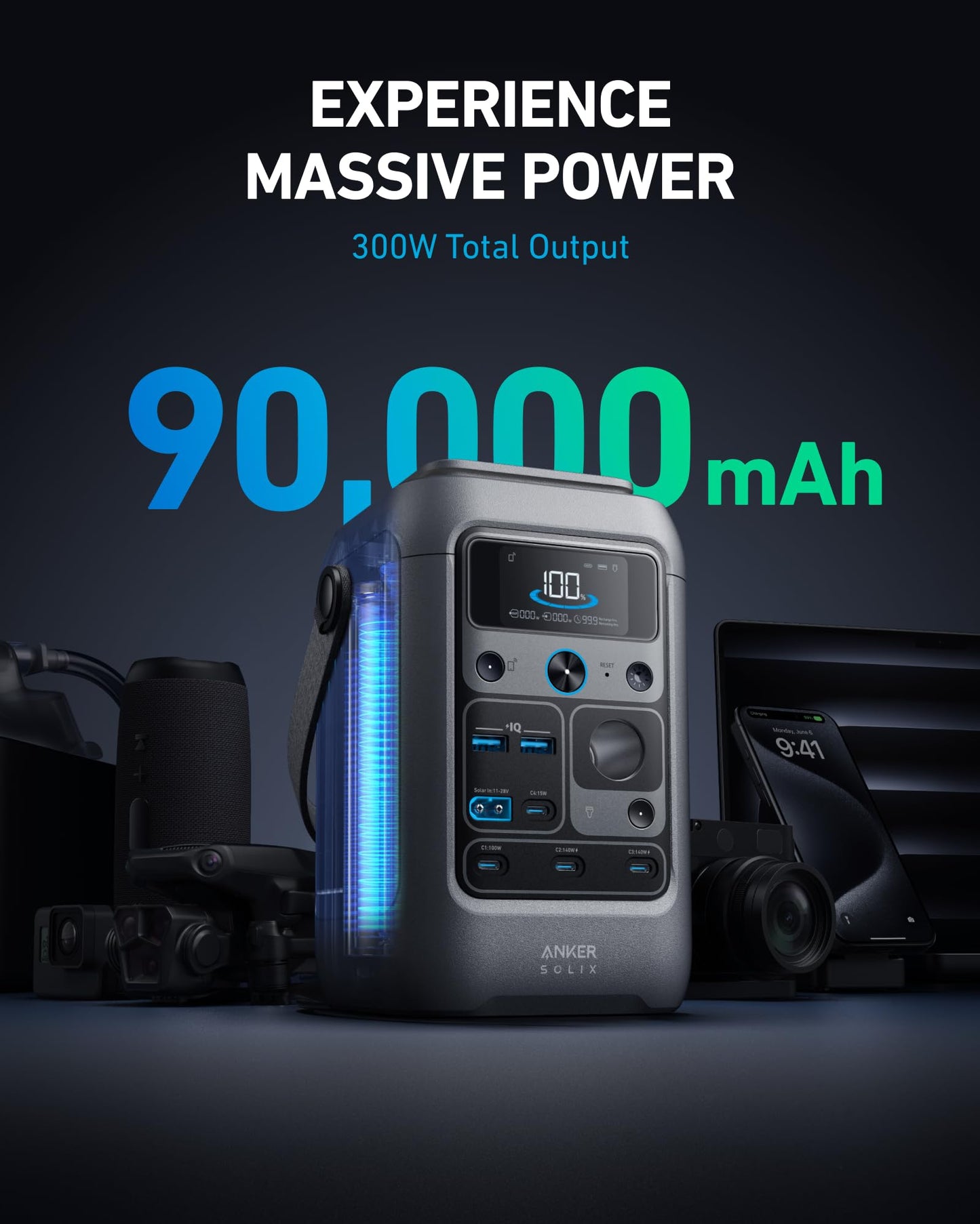 Anker Solix C300 Dc Power Bank Station And 60W Solar Panel, 288Wh Portable Power Station, Lifepo4 Battery, 300W Solar Generator,