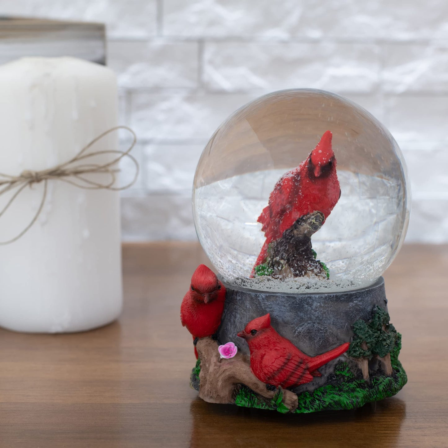 Elanze Designs Spring Blossom Cardinal Birds 100MM Sturdy Wind Up Musical Glitter Water Snow Globe Figurine Decoration Plays Tune Wonderful World