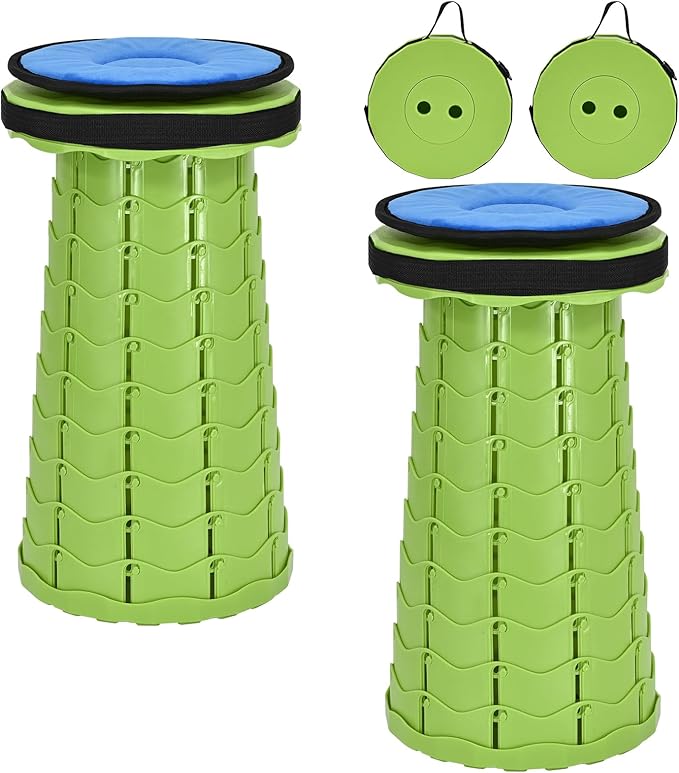 FXKS 2 Pack Upgraded Collapsible Stool with Cushion, Thickened Retractable Folding Stool Max Load Capacity 400lbs, Portable Telescoping Stools for Camping Fishing Outdoor Hiking BBQ -Green