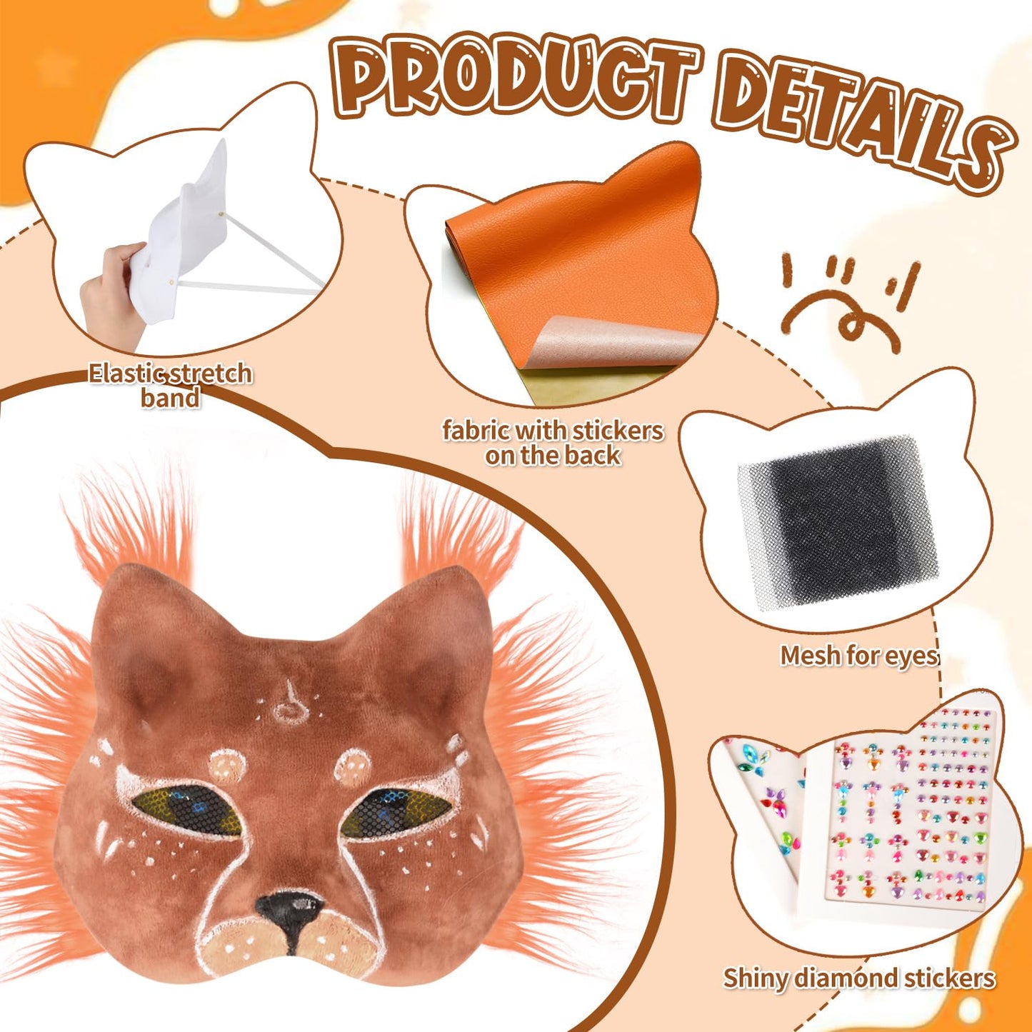DIY Therian Mask Kit Blank Furry Cat Mask with Soft Felt Fabric Sheet Therian Gear Stuff for Masquerade Halloween Cosplay Party