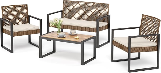 Sophia & William 4 Pieces Patio Conversation Set, Wicker Outdoor Furniture Set for 4, All Weather Outdoor Seating Set, Rattan Loveseat & Single Chairs with Cushions & Acacia Wood Coffee Table