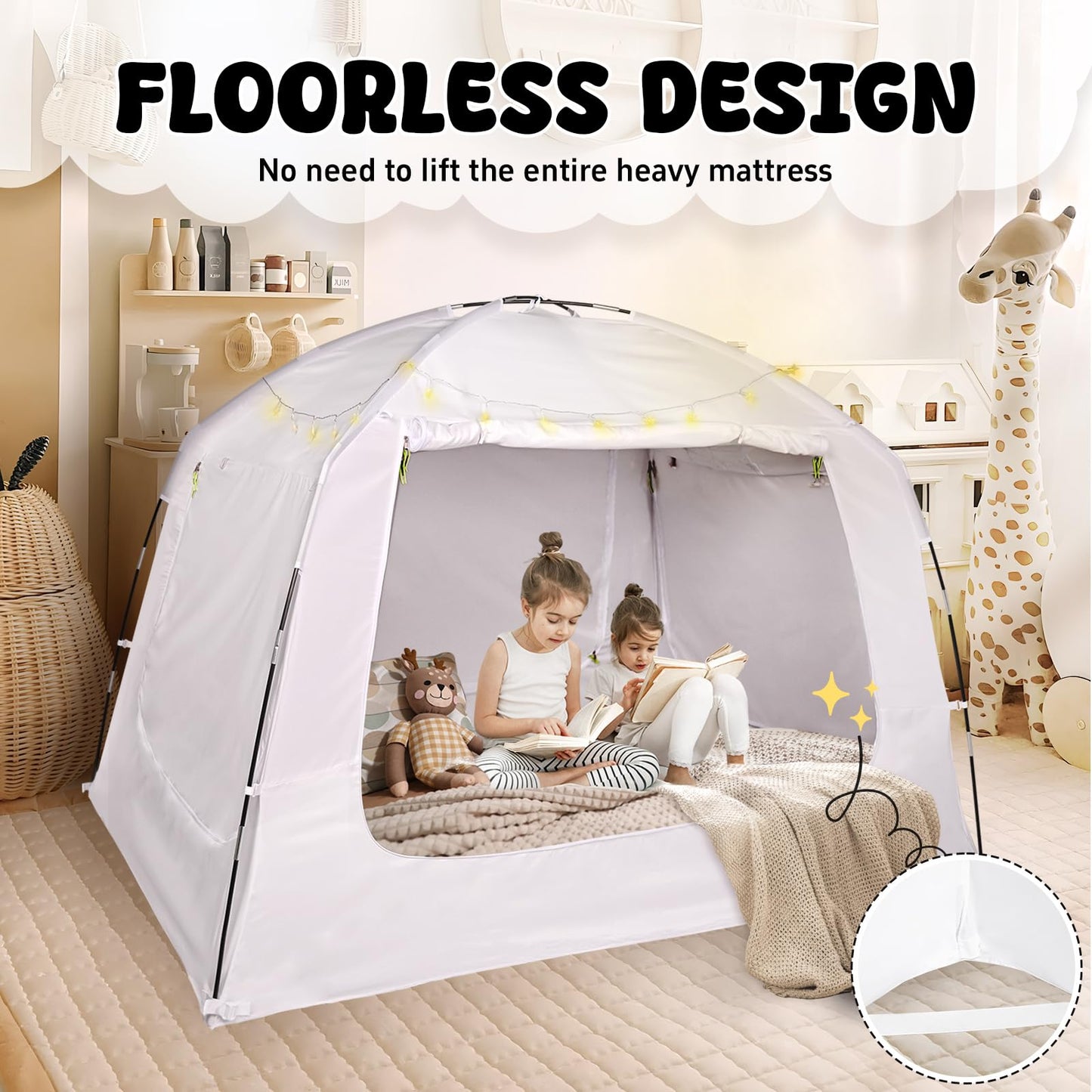 RIYDH Bed Tent Bed Canopy Full Size for Kid and Adults 100% Breathable Tents 4 Doors 80% Blackout - Indoor Portable Sleeping Tents Privacy Large Space with String Light