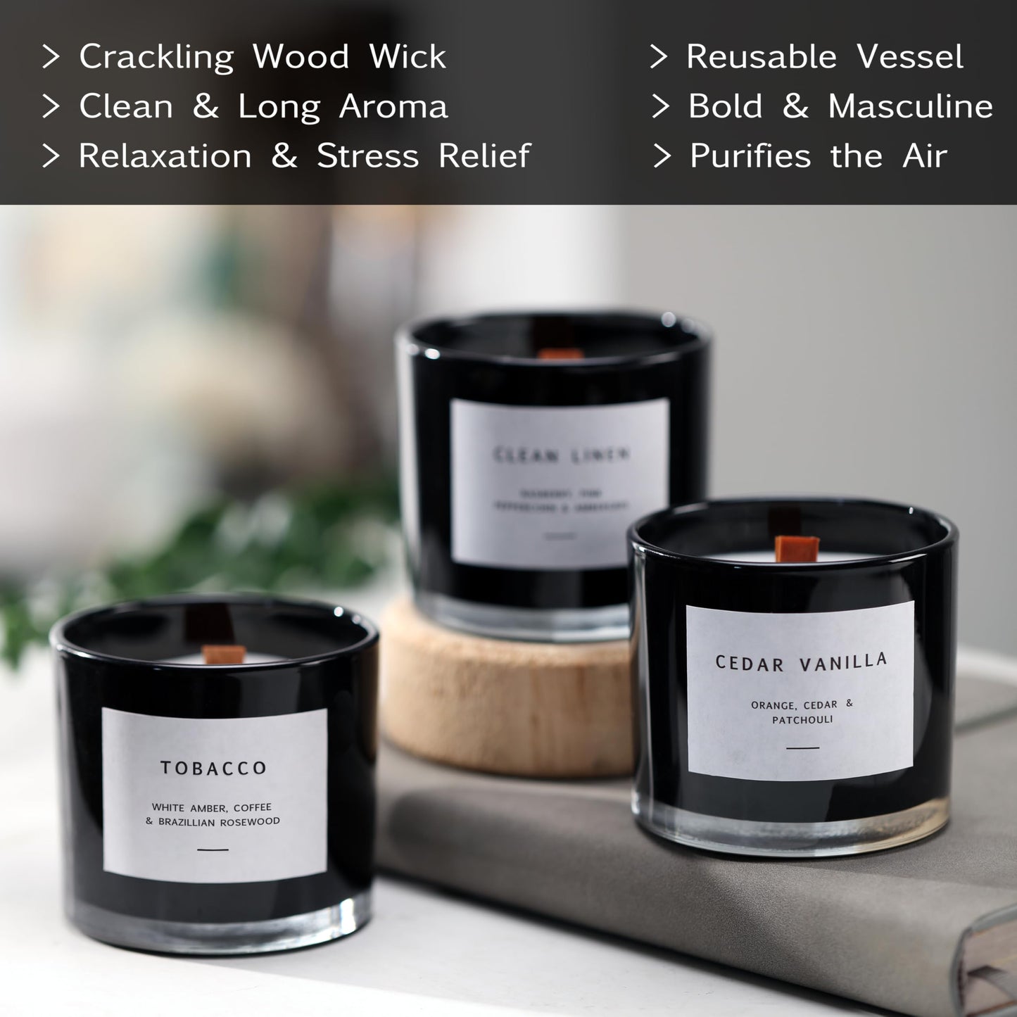 Scented Candles for Men – Masculine Candle Gift Set of 3 with Tobacco, Cedar Vanilla & Clean Linen – Luxury Black Candles Gift Box, Birthday Gifts for Men, Candles for Boyfriend, Christmas Gifts
