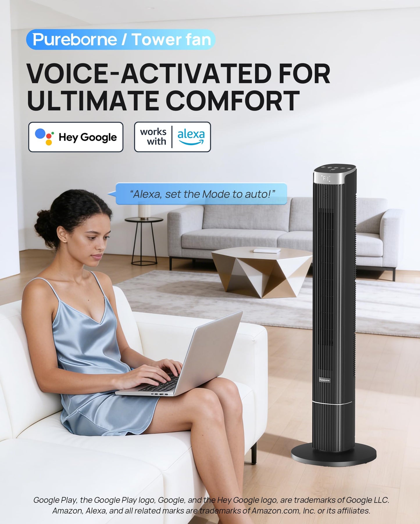 Pureborne 42-Inch Smart Tower Fan, 25dB Ultra-Quiet, 90° Oscillating Standing Fan, App & Voice Control, Remote, 4 Speeds, 4 Modes, 12H Timer, Floor Fan for Bedroom, Office, Black, 1 Pack
