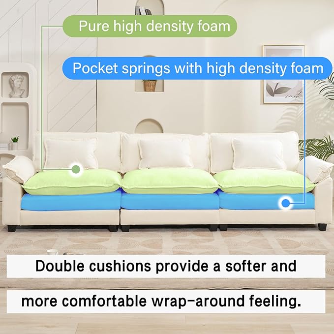 Oprisen 120" Modular Sectional Sofa, Comfy Cloud Couch Sectional Sofa, Chenille Sofa Sleeper Deep Seat Sofa with Throw Pillows for Living Room (Beige White, 120"- 3 Seater)