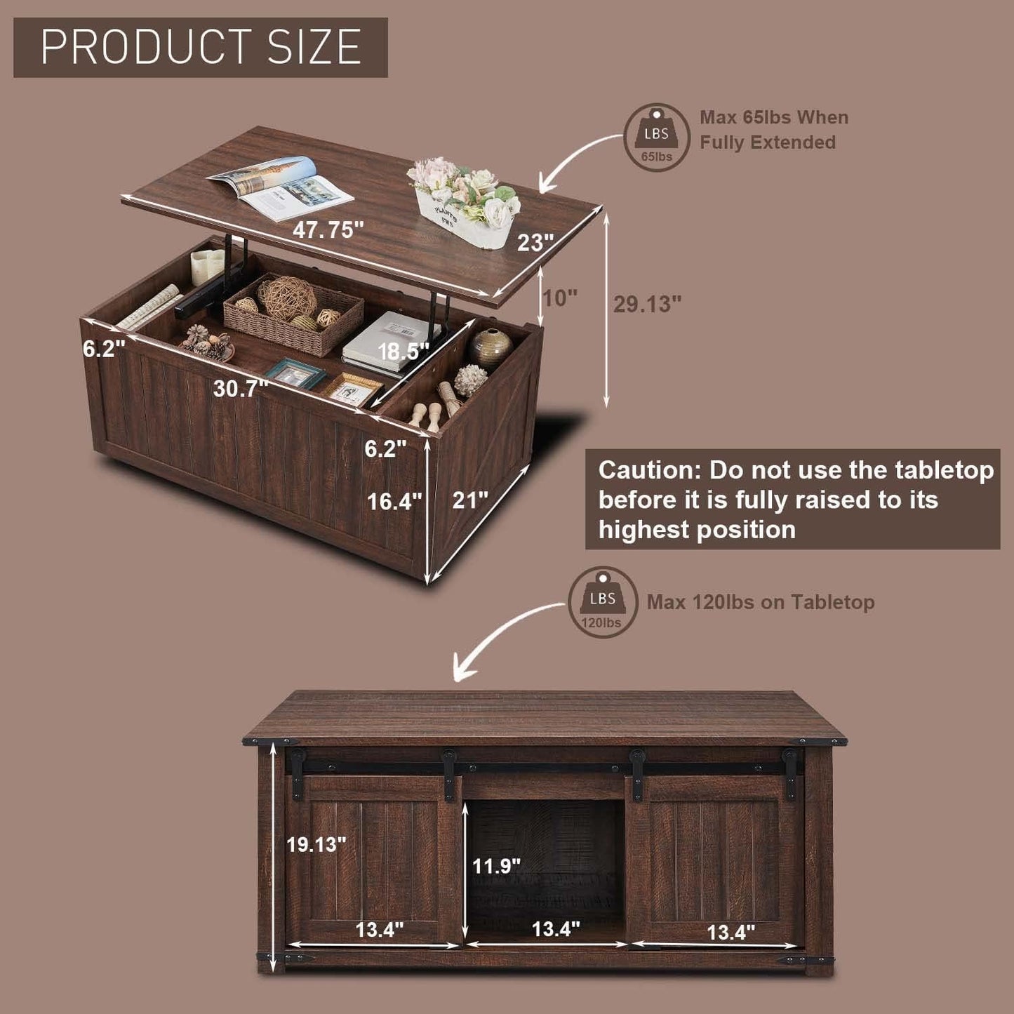 IFGET 48" Lift Top Coffee Table, Farmhouse Cocktai with Sliding Groove Barn Door, Rustic Wood Center Table w/Double Storage Spaces for Living Room, Brown