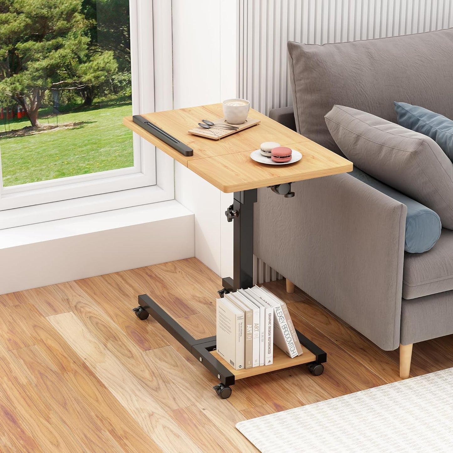 Laptop Desk Stand for Bed Portable Desk Overbed Bedside Mobile Laptop Table Rolling Foldable Table Adjustable Height with Locked Wheels & Mouse Pad for Office Sofa
