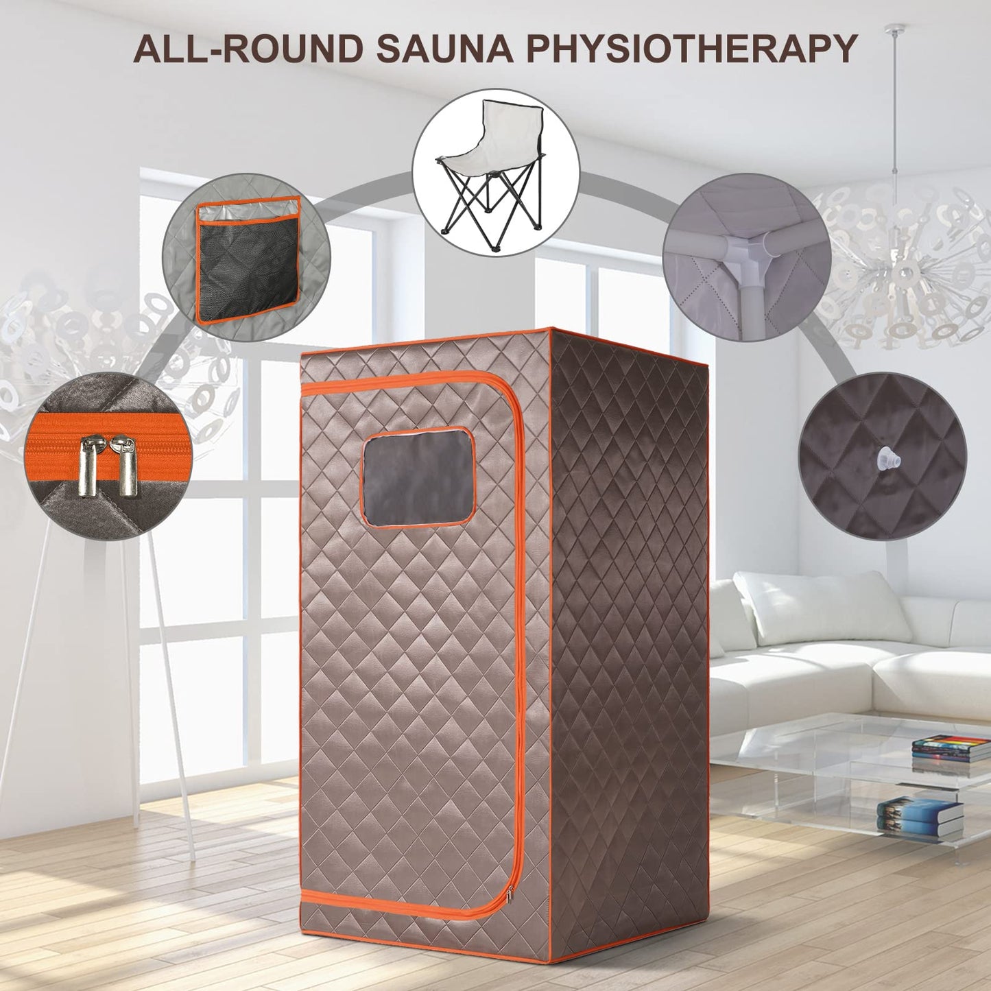 TaTalife Portable Steam Sauna, Full Size Personal Sauna for Home, with 4L & 1500W Steam Generator, Remote Control, Timer (Single Steam 4L Steamer Set - Dark Grey Orange Rim, 33.85" x 33.85" x 65.74")