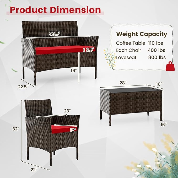 HAPPYGRILL 8 Pieces Outdoor Rattan Conversation Set, Patio Wicker Furniture Set with Loveseat Chairs & Tempered Glass Coffee Table, Outside Sectional Sofa Set for Backyard Garden Poolside, Red