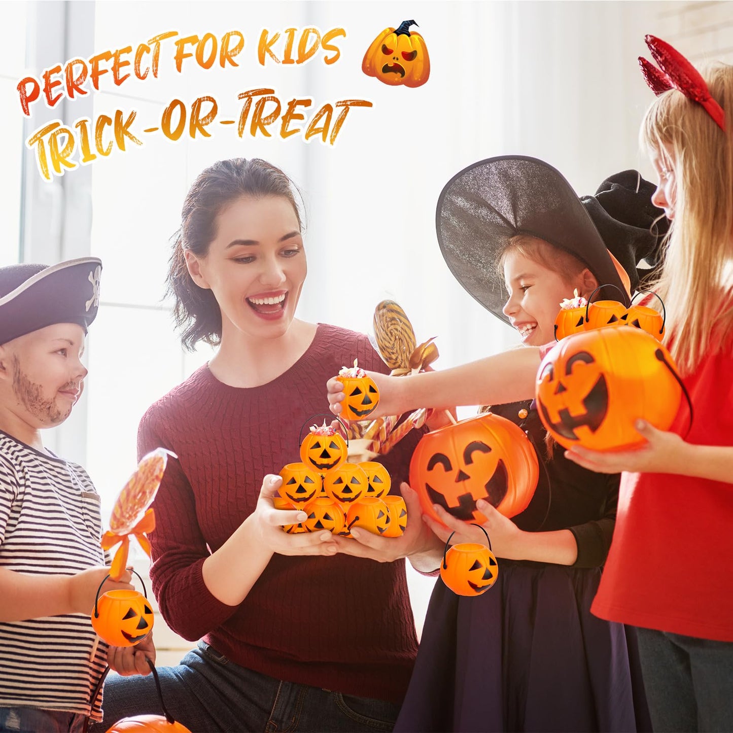Lallisa 50 Halloween Mini Pumpkin Bucket Plastic Pumpkin Candy Container Halloween Party Favor Decoration Trick or Treat Buckets for Holiday Party Supplies(Orange)