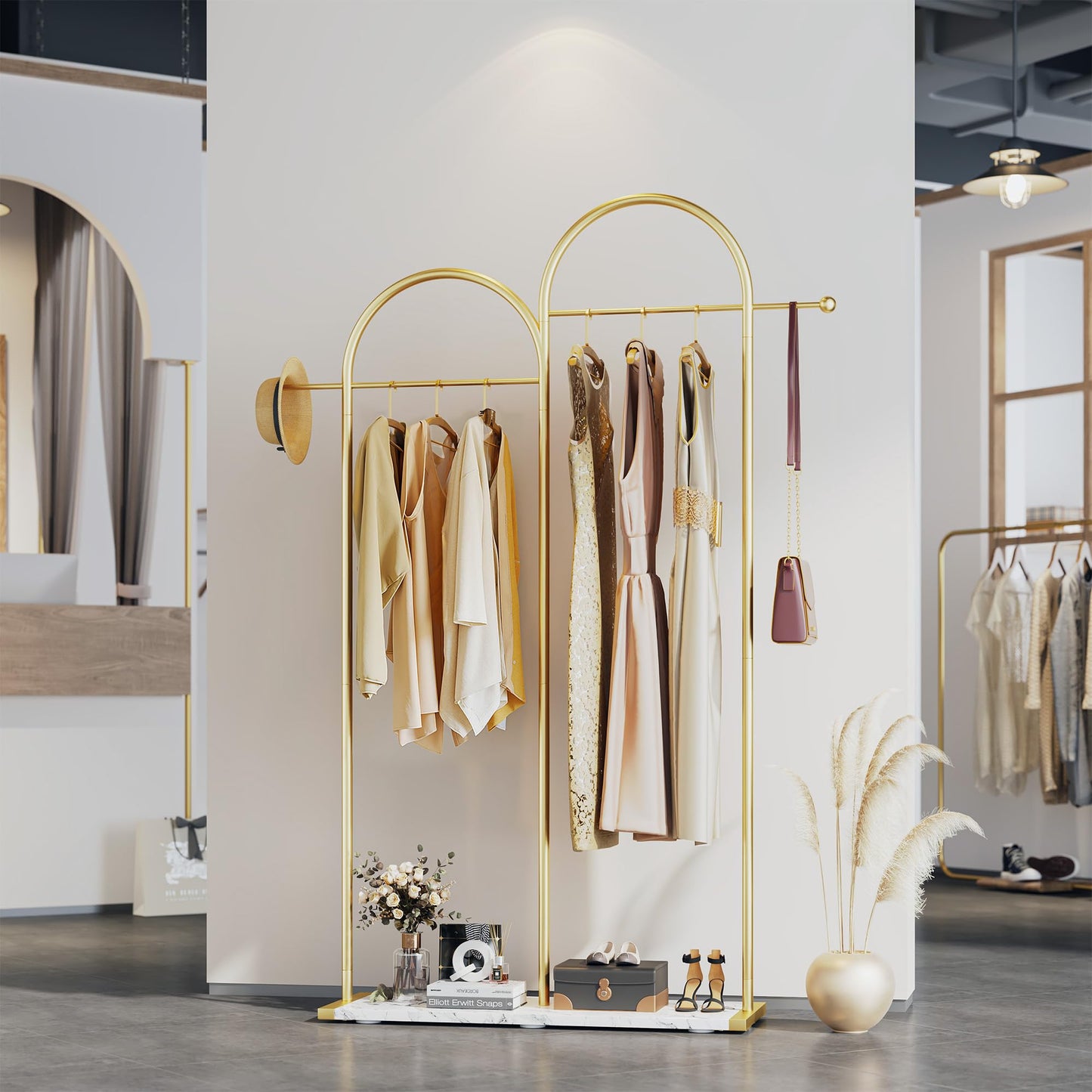 Raybee 76.7" H Gold Clothing Rack, Modern Coat Rack with Shelf, Metal Clothes Rack for Boutiques, Entryway, Living Room, Bedroom