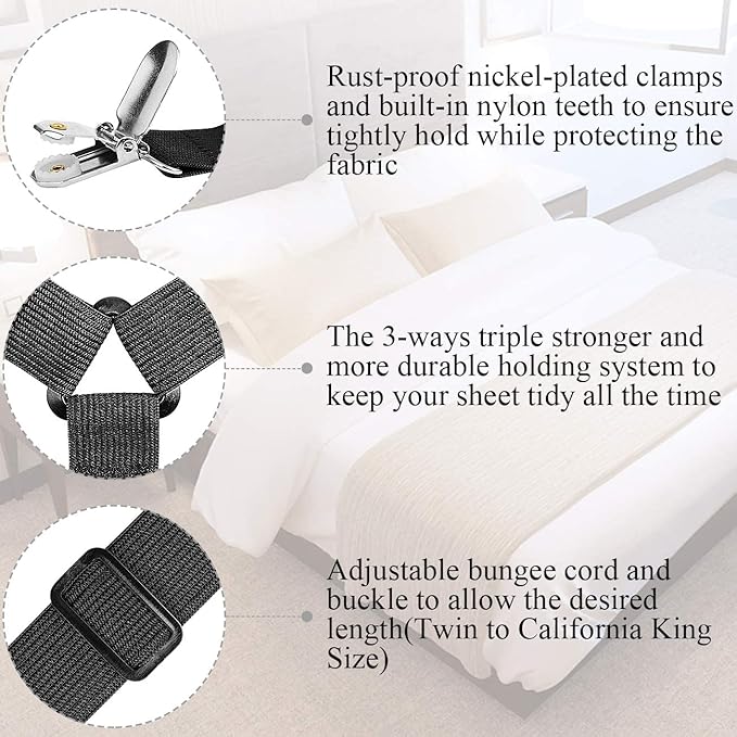 ZHOUBIN Bed Sheet Holder Straps, Adjustable Elastic Crisscross Bed Sheet Fastener Straps Grippers Suspenders for All Bed Sheets, Mattress Covers(2 Set/4Pcs, Black)