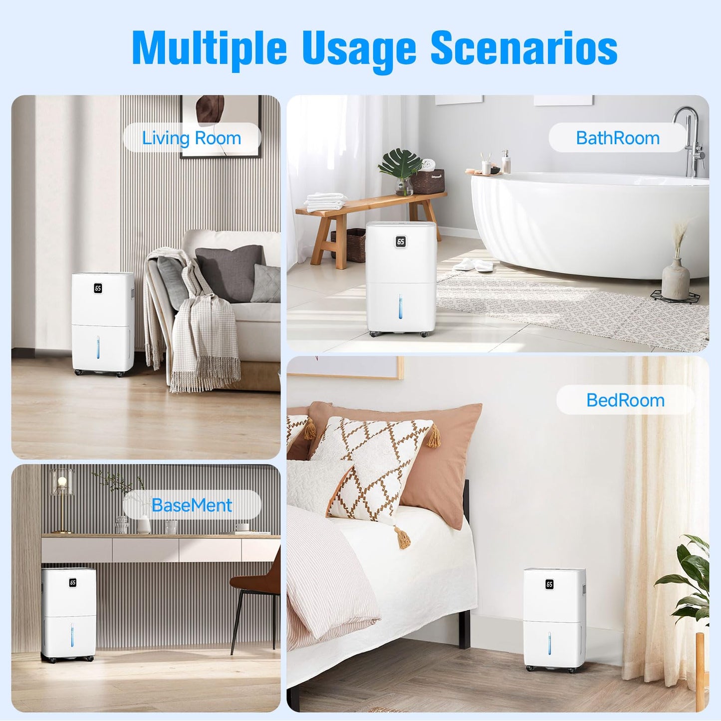 Aqukesu 80 Pint Dehumidifier - Up to 5,000 Sq Ft, for Basement, Bedroom, Bathroom, Living Room, Home, Garage | 3 Fan Speeds, Smart Humidity Control, Auto Drain, Easy Move Wheels