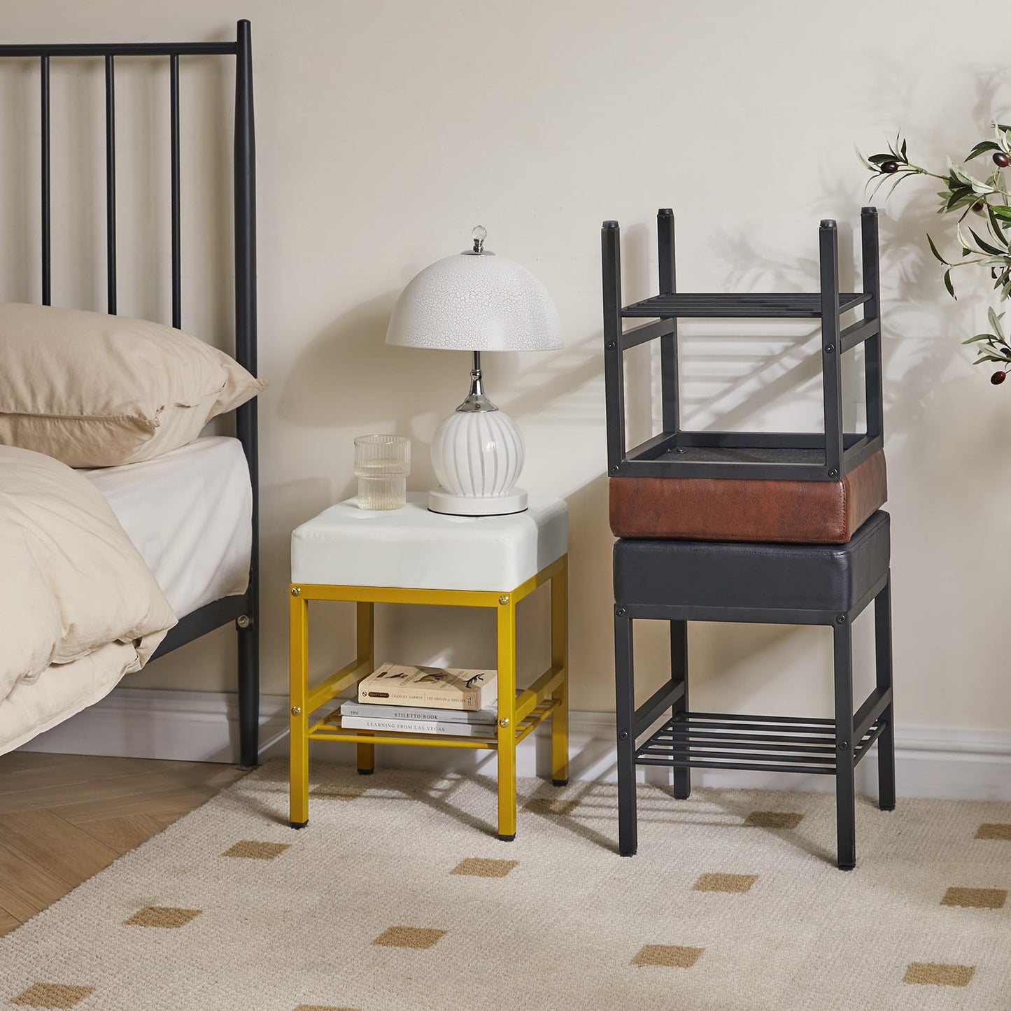 IBUYKE Square Makeup Stool with Adjustable Feet and Storage Space, Footrest Chair, PU Vanity Seat, Multi-Use as Small Side Table or Ottoman, for Bedroom, White LG-60W