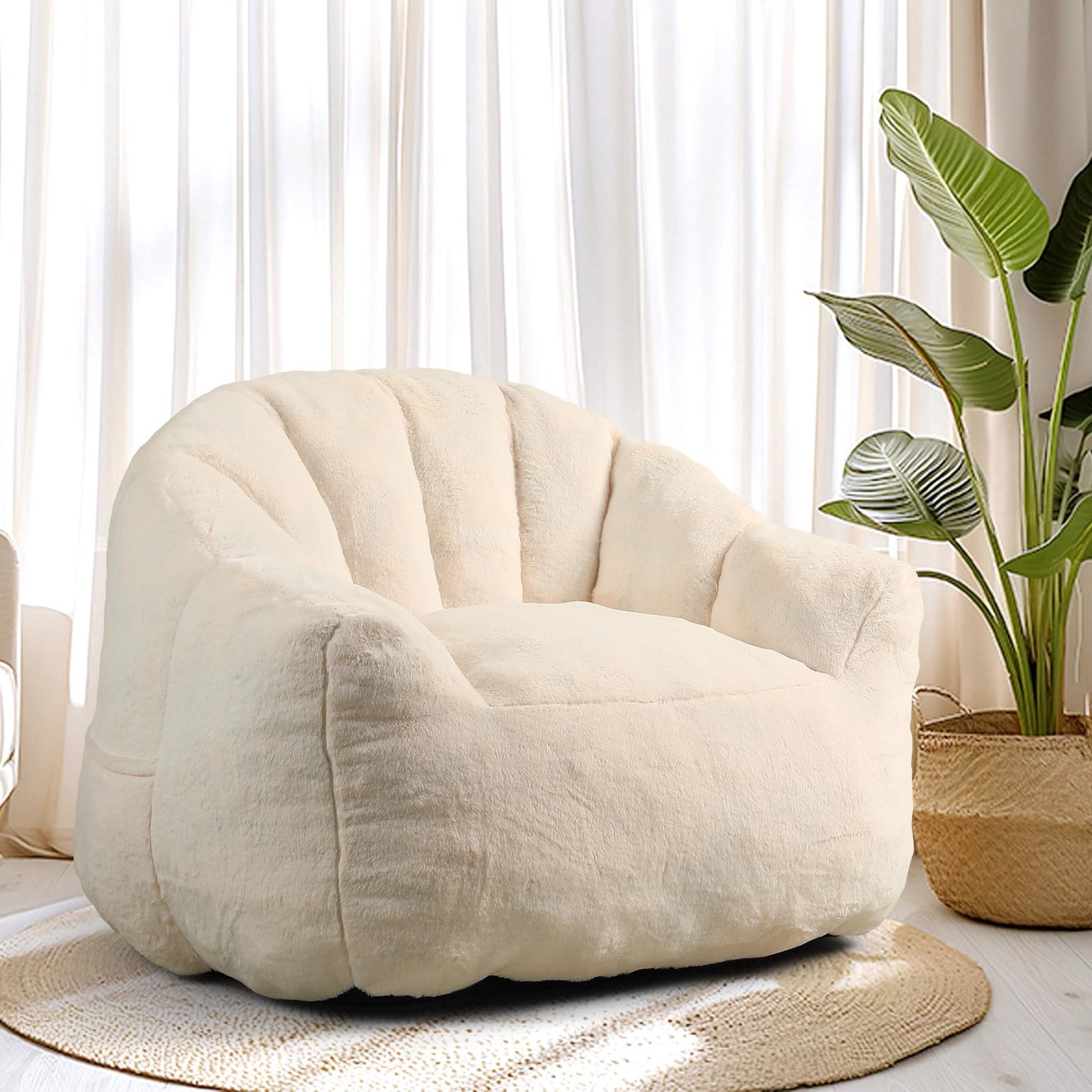 COCONINO WJ Bean Bag Chair, Bean Bag Chairs with Filler, Stuffed Beanbag Chair for Adult and Kid, Big Beanbag Chairs with Filling for Living Room (Faux Fur in Ivory, 35" D×41.4" W×30.7" H)