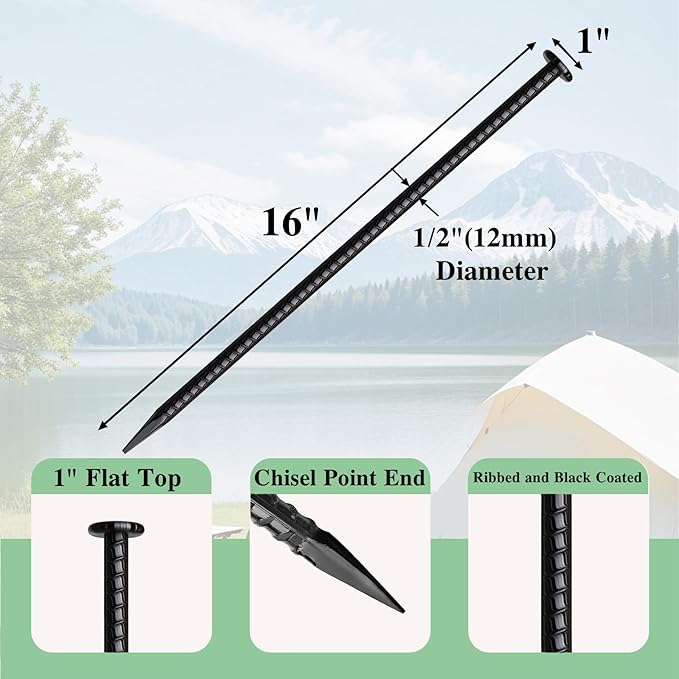 MSWY 16 Inch Rebar Stakes 10 Pack Heavy Duty Ground Anchors 1/2 Inch Diameter Galvanized Steel Asphalt Anchoring Metal Spikes for Speed Bump, Parking Curb and Camping Tent
