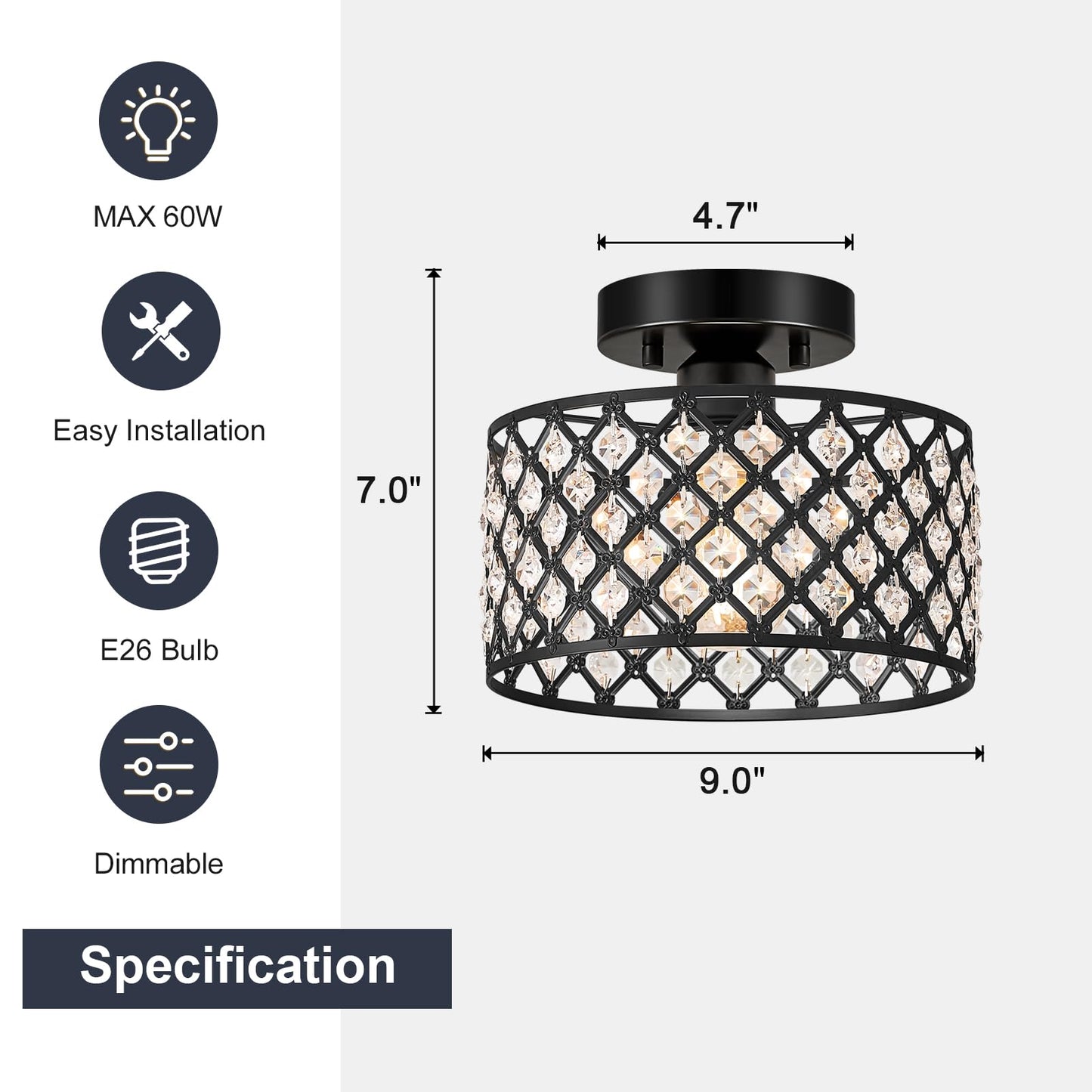Black Crystal Ceiling Light Fixture,Modern Semi Flush Mount Ceiling Lighting Fixture,Round Small Chandelier for Hallway, Entryway, Laundry Room, Kitchen, Bedroom, Foyer, Bathroom, 1 Light, 9 inch