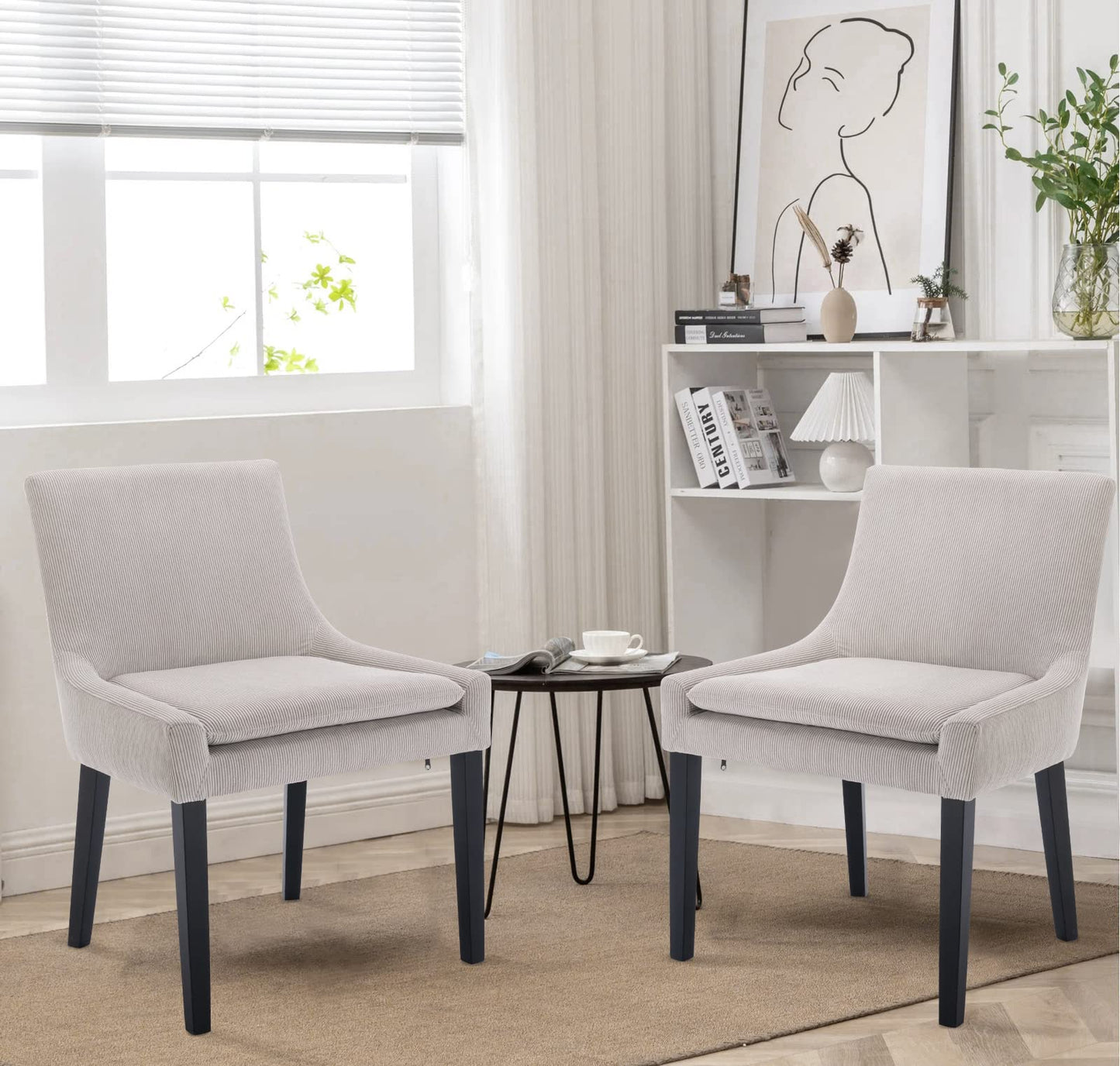 COLAMY Modern Dining Chairs Set of 2, Upholstered Corduroy Accent Side Leisure Chairs with Mid Back and Wood Legs for Living Room/Dining Room-Beige