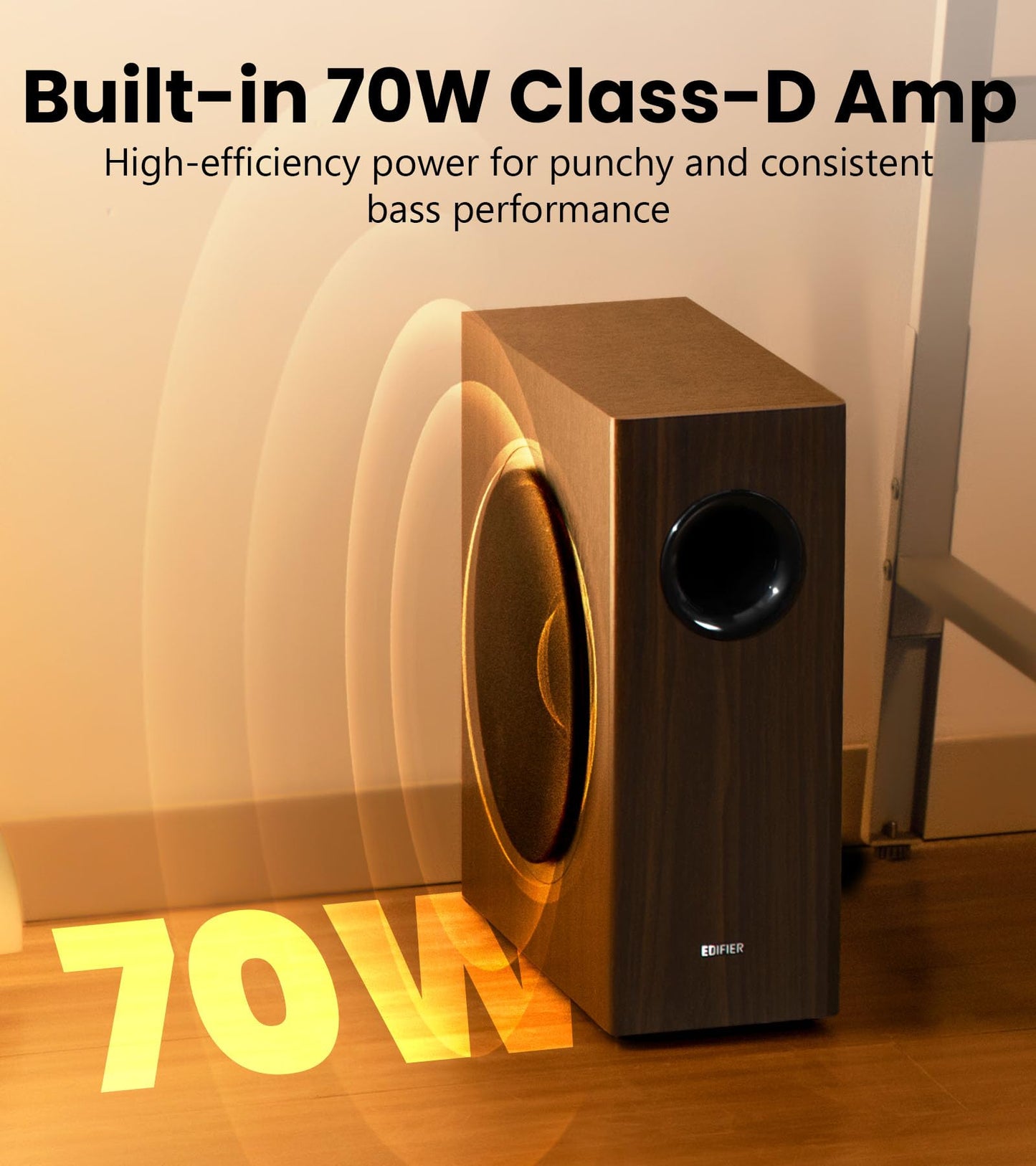 Edifier T5s Powered Active Subwoofer with 70W RMS, 8" Long-Throw Woofer, Deep Bass (35Hz) Speaker, Built-in Amp, Low Distortion, Phase Selector & Energy-Efficient for Home & Studio Audio, Brown