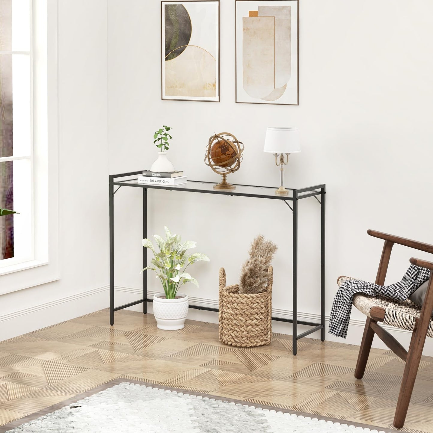 Livofloral 40.6" Tempered Glass Console Table for Entryway, Narrow Console Tables with Storage, Hallway Table for Entryway, Living Room, Black Console Tables Behind Couch, Modern Style, Easy Assemble