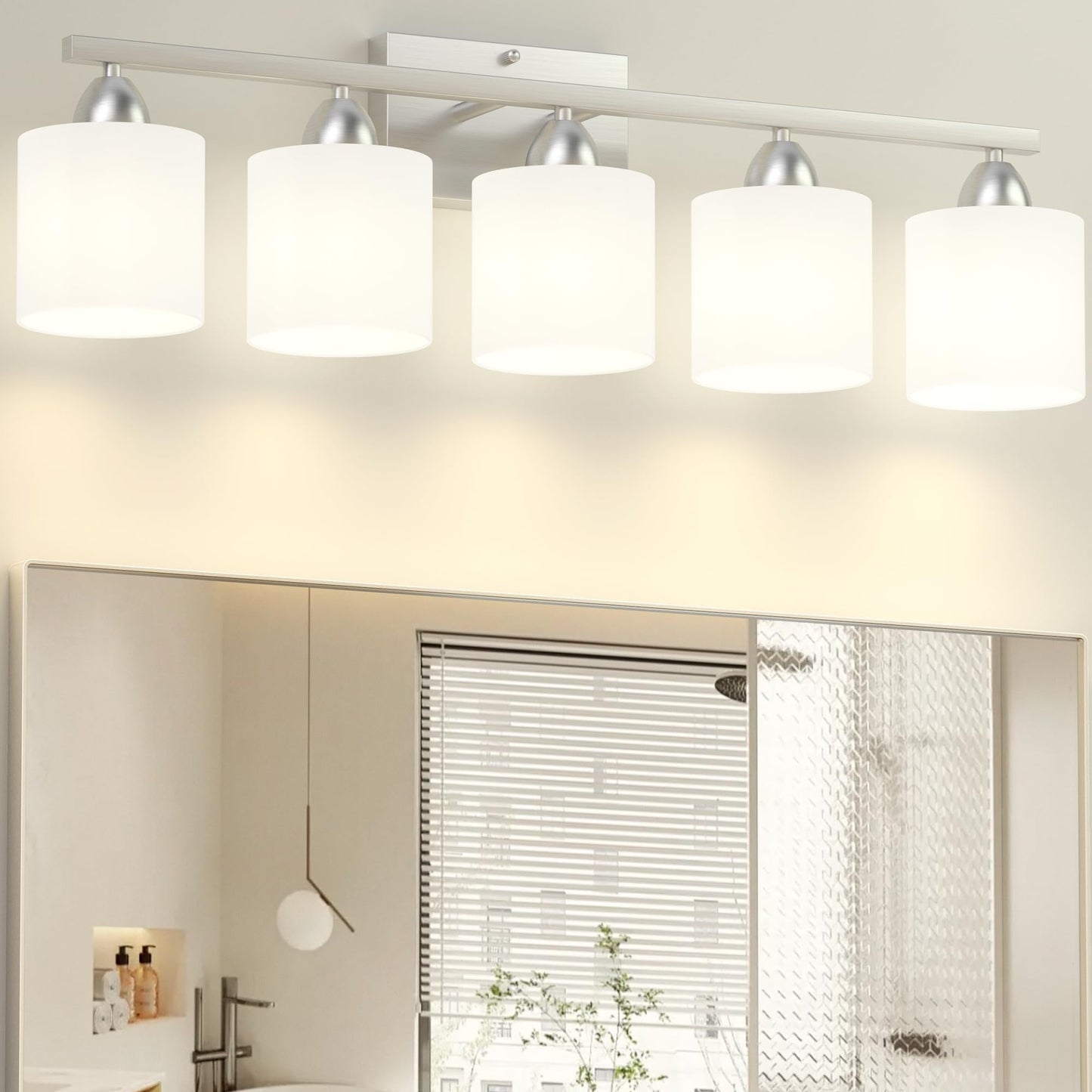 Dekang Bathroom Lighting Fixtures Over Mirror, Anti-Rust Vanity Light Fixture for Bathroom, Modern 5-Light Wall Sconce Light for Living Room, E26 Base, Milky White Glass Shades, Bulbs Not Included
