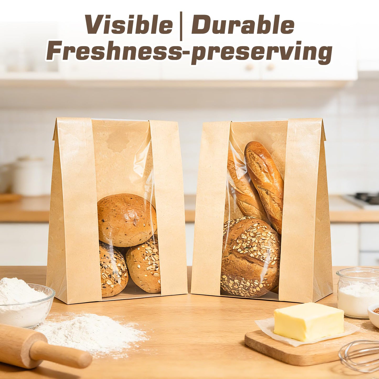 25 Pcs Bread Bags for Homemade Bread, Paper Sourdough Bags with window, Large Bakery Loaf Bag with Stickers for Cookies, Popcorns, Hamburgers (25, 14.2"x8.3"x3.6")