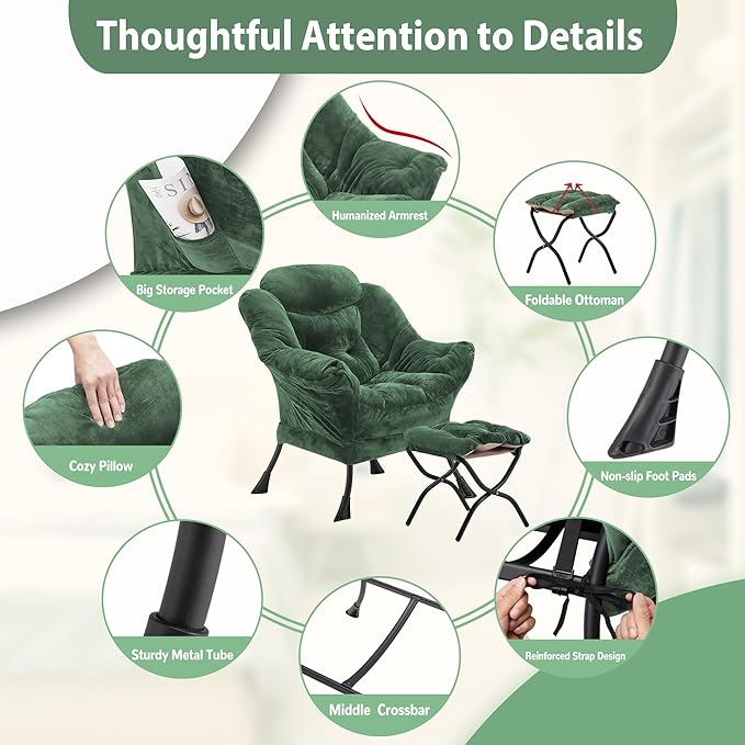 Youtanic Lazy Chair with Folding Ottoman, Accent Chair Plush Upholstered with Metal Structure and Non-Slip Pads, Sofa Armchair with Footrest and Side Storage Bag for Dorm, Room, Office, Green