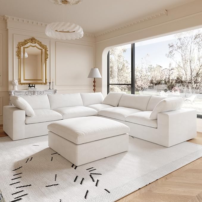 160.6" Cloud Modular Sectional Sofa with Storage Ottomans, V Shaped Minimalist Sofa Couch, Convertible Couch Deep Seat for Living Room Sets,Covers Washable&Replaceable,White