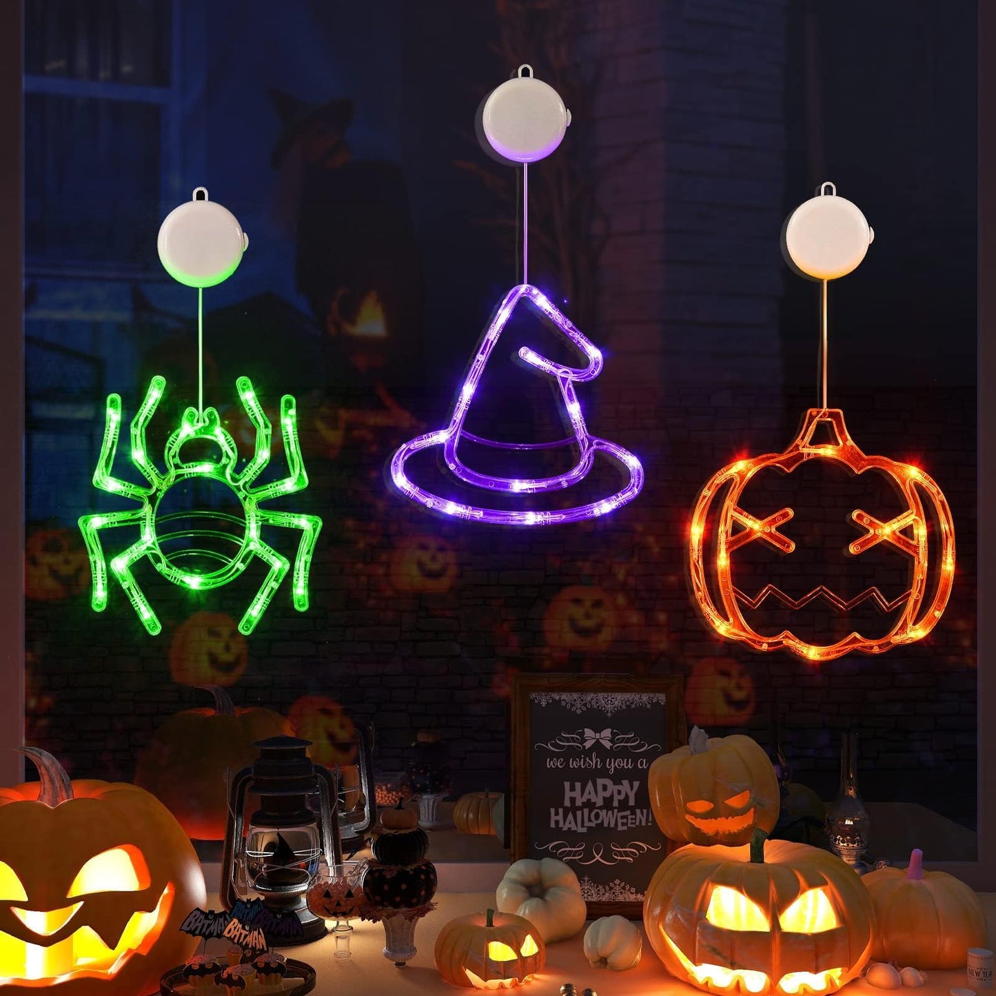 LOLStar Halloween Decorations 3 Pack Orange Pumpkin Green Spider Purple Witch Hat Window Lights with Suction Cup Battery Operated Slow Fade Timer Function Halloween Lights for Window Decor