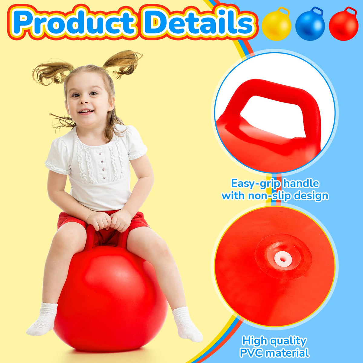 Lewtemi 3 Pcs 18 Inch Hopper Ball Large Jumping Bouncy Balls with Handles Kids Round Ball with Air Pump Bouncing Balls Hopping Toys for 6 Years Old and Above Children Boy Girl(Yellow, Blue, Red)