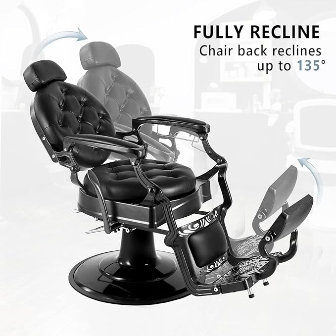 OmySalon Vintage Barber Chair All Purpose Heavy Duty, Hydraulic Recline Salon Beauty Styling Chair Retro Black, 360 Degree Swivel for Hair Stylist Tattoo, Round Base, Tufted Button