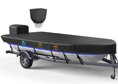 1200D 5-Layer Jon Boat Cover 16-18ft with Motor Cover | Super Waterproof (2-Layer PU, 1" Seam Tape) | UV Resistant, 11+4 Windproof Straps | Mooring/Trailerable