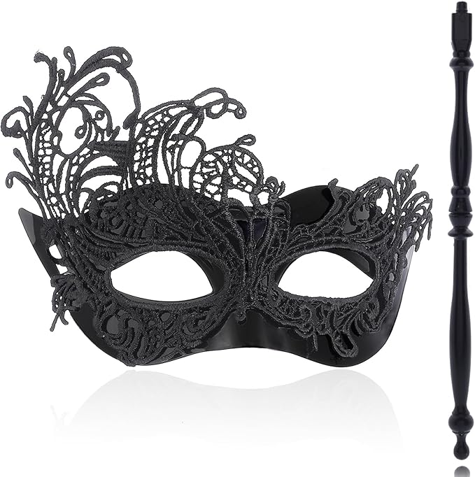 Maeaccx Black Masquerade Mask with Stick Lace Handheld Masks Mardi Gras Cosplay Fashion Shows for Women