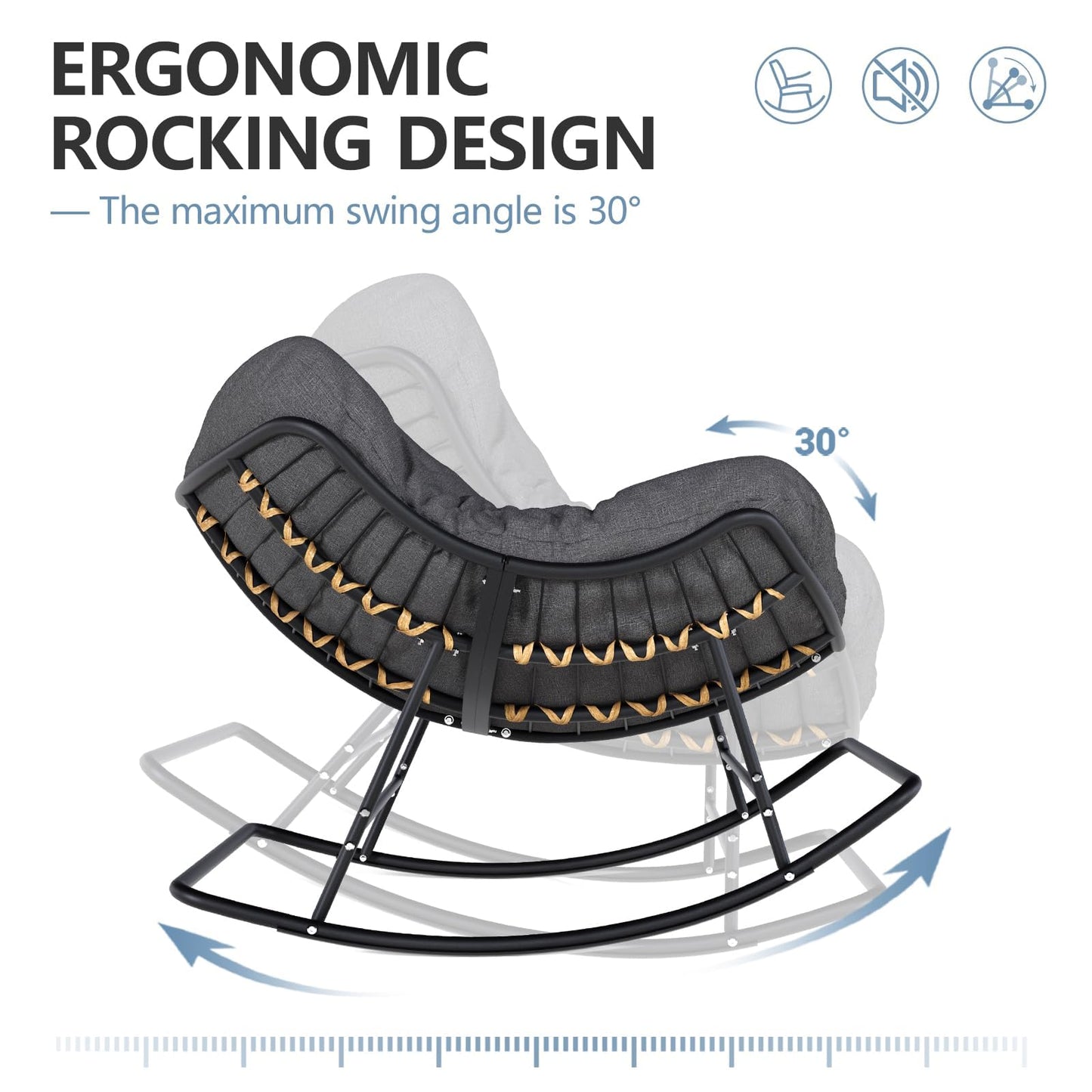 SWITTE Papasan Rocking Chair Outdoor Indoor, Oversized Egg Wicker Rocker with Cushion, Supports 450 lbs, Patio Chair for Balcony or Living Room - Dark Gray