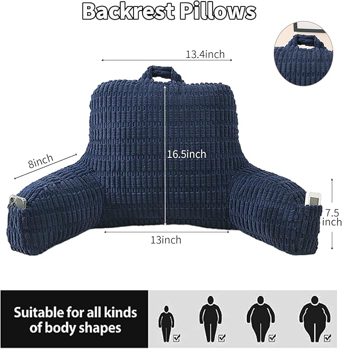 PAJEO Reading Pillow for Sitting in Bed, Large Backrest Reading Pillow with Arm Rest,Back-Rest Support Cushion for Sit Up on Couch, Sofa, and Floor, Dorm Essentials (Dark Blue Corduroy, Standard(17"))