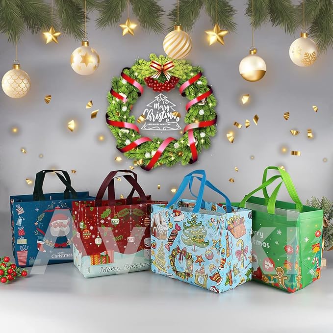 16PCS Christmas Gift Bags, Non-Woven Treat Tote Christmas Bags with Handles for Gifts Wrapping Shopping, Xmas Party Supplies, 12.8"×9.8"×6.7"