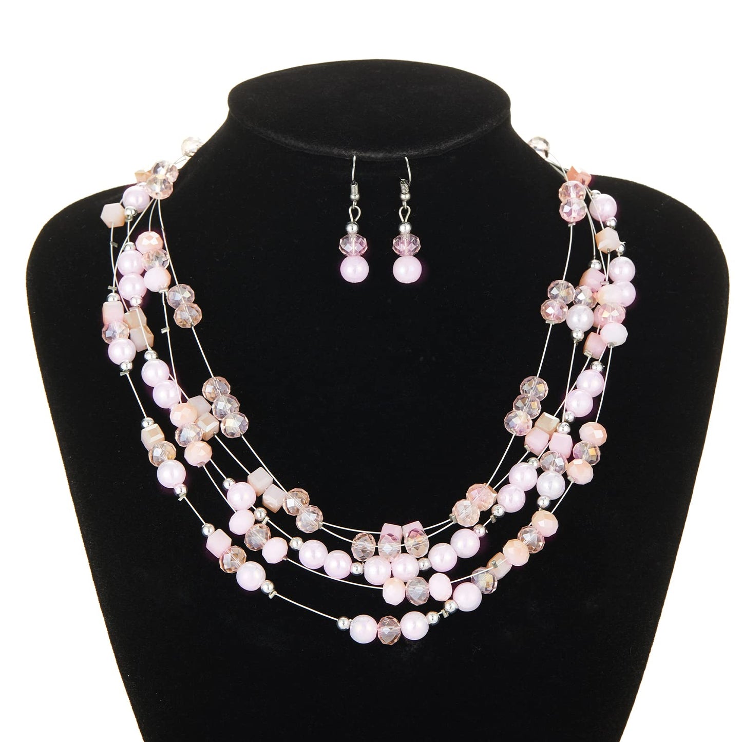 Layered Chunky Statement Necklace for Women Colorful Boho Beaded Necklaces and Earring Set Fashion Costume Jewelry for Women(Pin