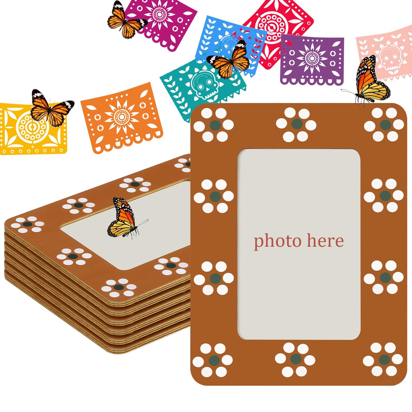 Chunful 6 Pcs Mexican Flowers Picture Frames for Dia De Los Muertos Altar Day of the Dead Decorations Wooden Picture Frame for Dia De Los Muertos Altar Ofrenda Decorations