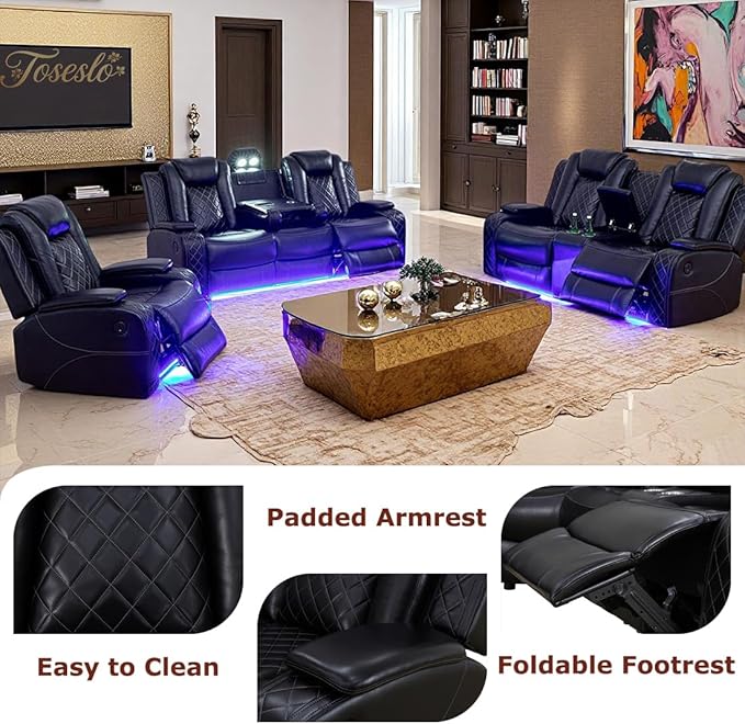 Toseslo Living Room Furniture Sets, Power Recliner Sofa Set with LED Light, Black Leather Sofa and 2 Chairs Set, Modern Power Reclining Sets with Storage Console for House