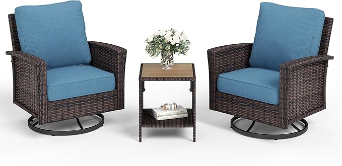 SUNSHINE VALLEY Patio Wicker Swivel Chairs Set of 2, Outdoor High Back Chairs with 5.5" Waterproof Cushions and Side Table, Outdoor Furniture Set for Deck Porch and Yard, Peacock Blue