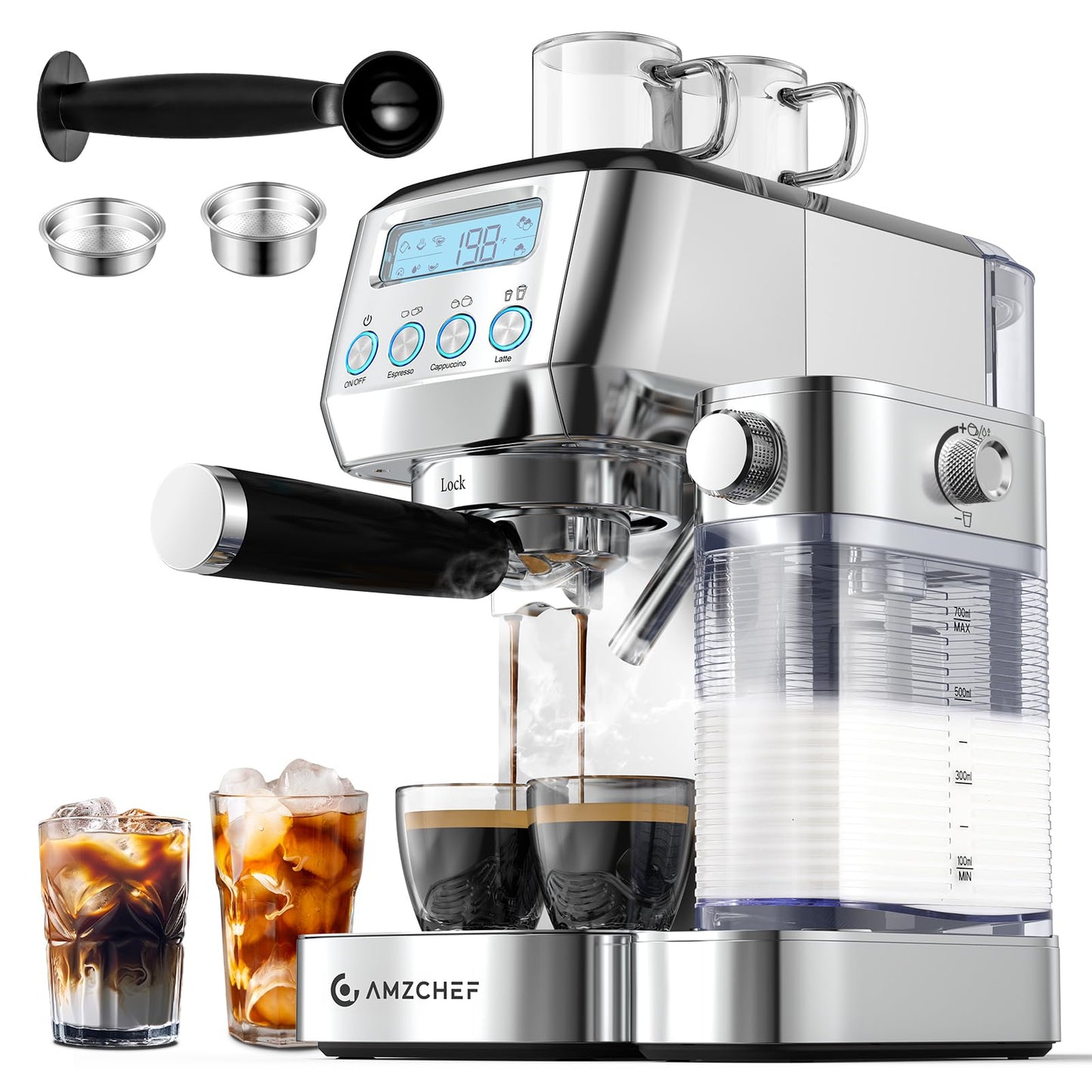 AMZCHEF Espresso Machine with Upgraded Automatic Milk Frother, 20 Bar Cappuccino & Latte Maker with LCD Display, Dual Wall Filters, Metallic Silver – Ideal Home Gift