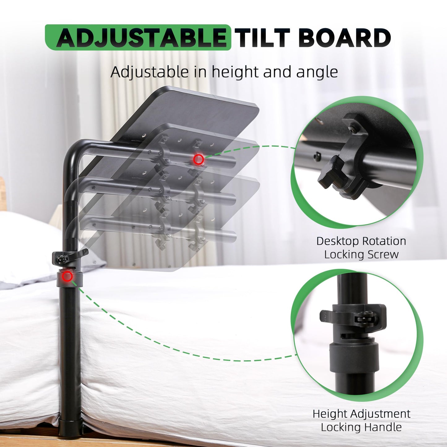Under Mattress Table Over Bed - Height Adjustable Bedside Desk, 360 Degree Rotatable Tray & Tilt Top Laptop Computer Study Desk for Hospital and Home Use