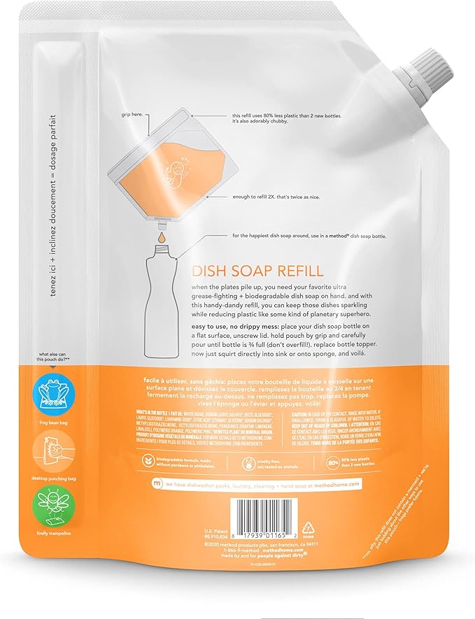 Method Liquid Dish Soap Refill, Dishwashing Liquid that Cuts Through Tough Grease for a Sparkling Clean, Clementine Scent, 1.06 Liter Bags, 2 Pack