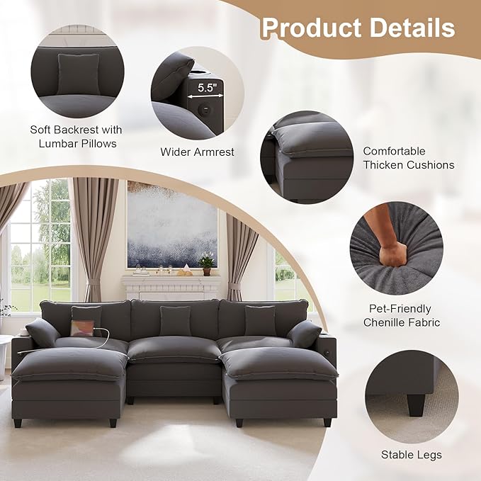 KCGKCG 116" Modular Sectional Sofa, U Shaped Cloud Couch with Movable Ottoman, Chenille Deep Seat Cloud Sofa with Charging Station, Cup Holder, Side Pocket, Sectional Couches for Living Room, Grey